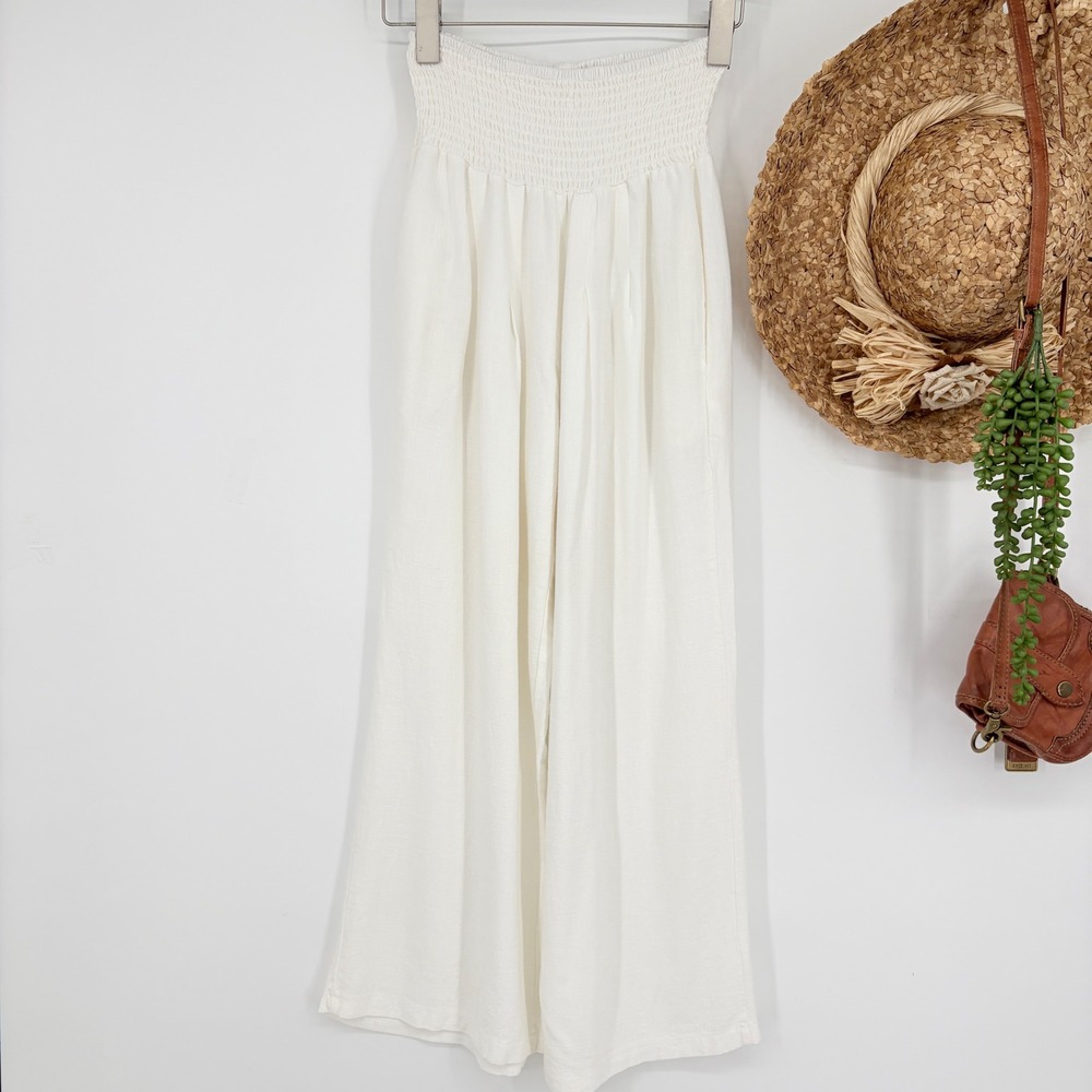 Wide Leg Pleated Front Pull-On Pants High-Rise White‎ Pockets Viscose Small